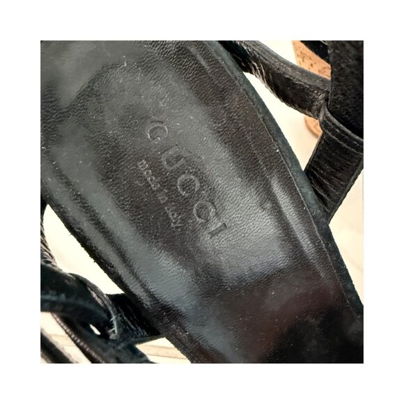 GUCCI DANIELLE BLACK SUEDE PLATFORM HEELS SANDALS 37.5 US 8.5 - Picture 9 of 12